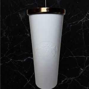 Starbucks 2015 White Embossed Siren SS Cold Cup Venti Rose Gold Lid Black Straw